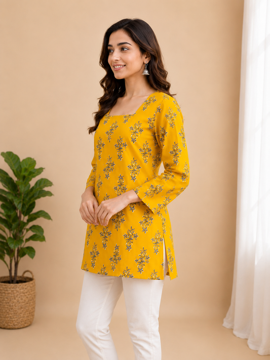"Mustard Yellow Floral Print Cotton Short Kurti for Women"