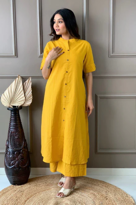 Sunshine Yellow Cotton Kantha Printed Kurta with Pant β Elegant Summer Co-Ord Set for Women - Nakh Clothing