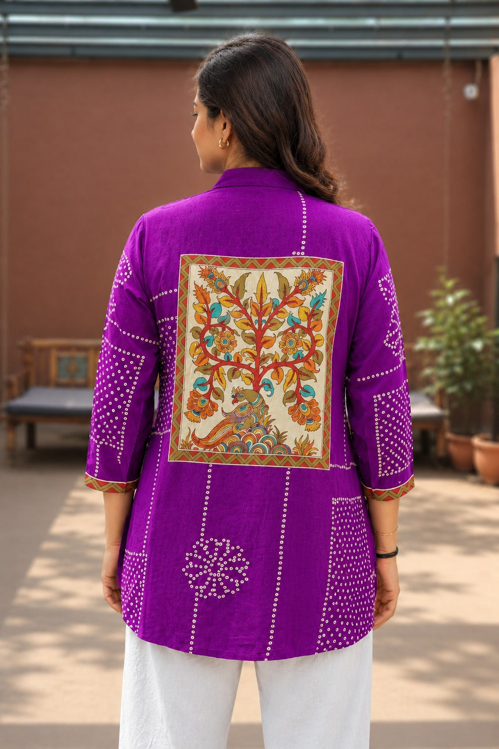 Purple Classic Silk Shirt Tunic for Women | Bandhani Print with Bird Motif - Nakh Clothing