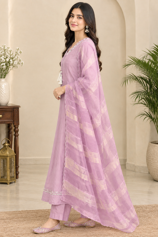 Pink Crush Tissue Anarkali Suit Set with Mirror Work