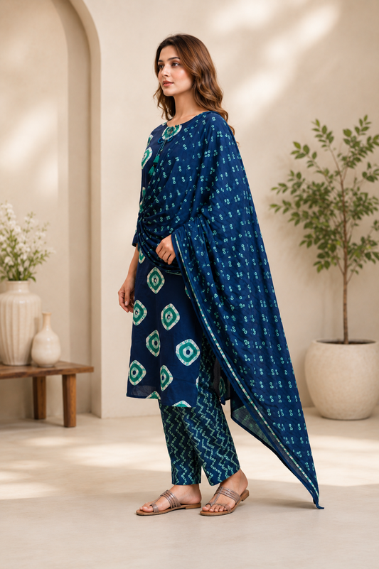 Navy Blue Printed Cotton Suit Set with Bandhani Dupatta | Women's Ethnic Wear
