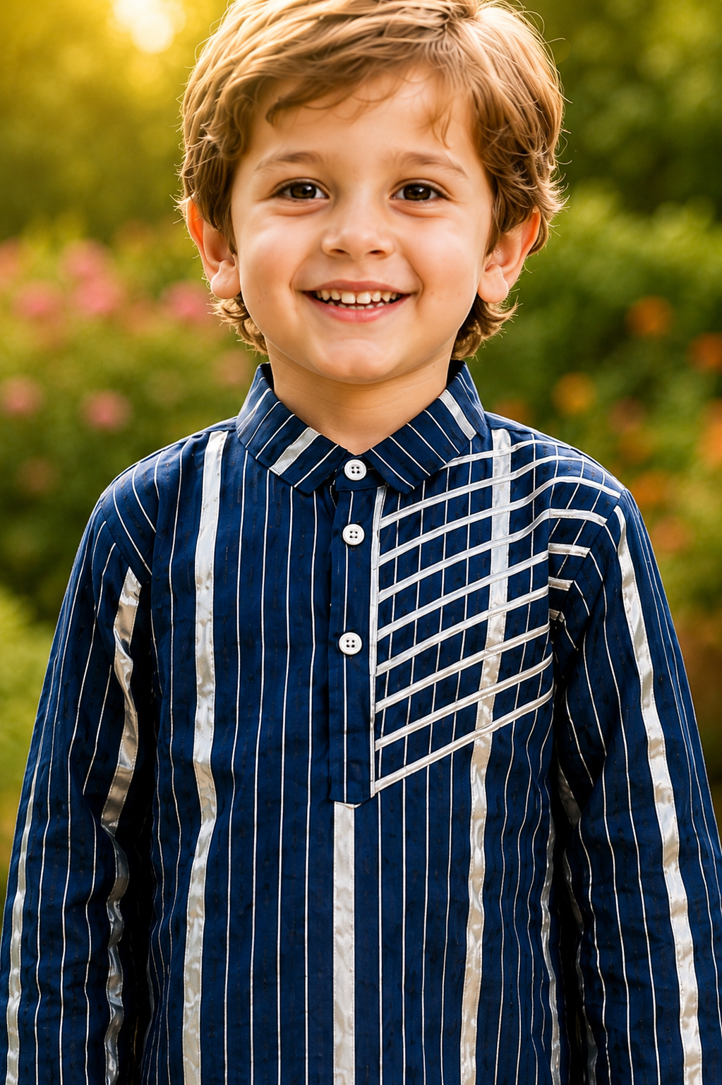 Boys Navy Blue Pure Cotton Kurta Pyjama Set with Gota Work