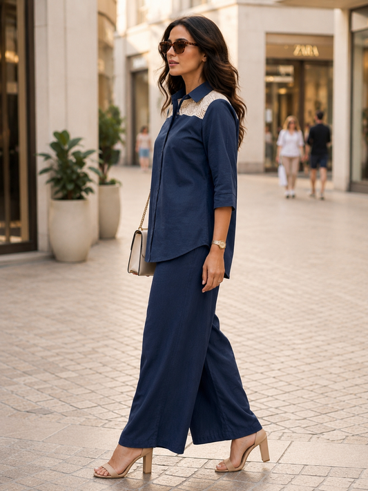 Women's Blue Cotton Flex Co-Ord Set with Crochet Lace Detail