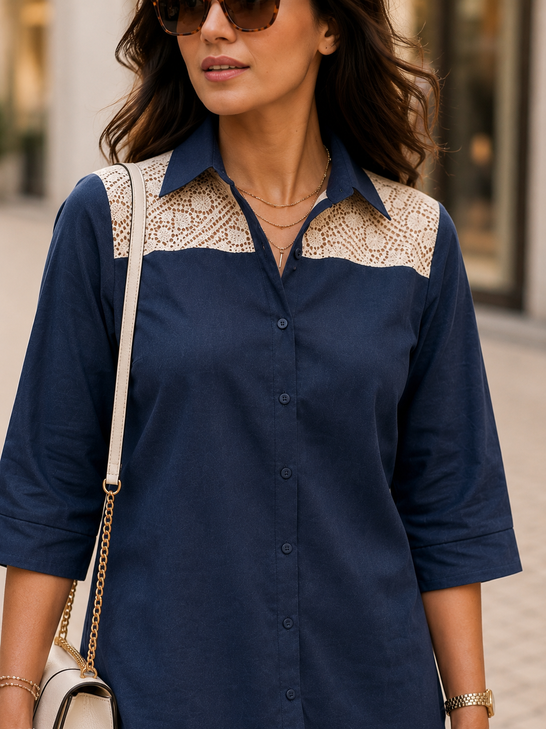 Women's Blue Cotton Flex Co-Ord Set with Crochet Lace Detail
