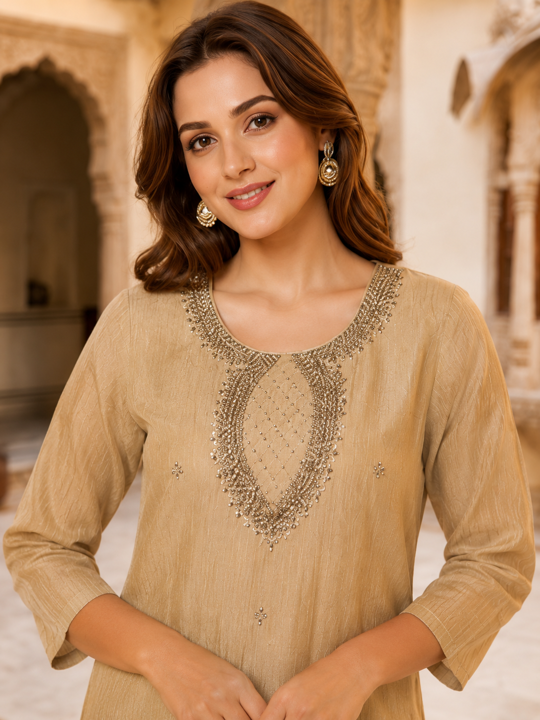 Beige Embroidered Kurti with Palazzo Pants – Co-Ord Set, Salsa Crush Tissue Fabric.