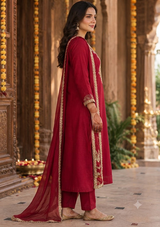 Red Crinkle Chinon 3-Piece Stylish Set with Zari Coding Work Kurta