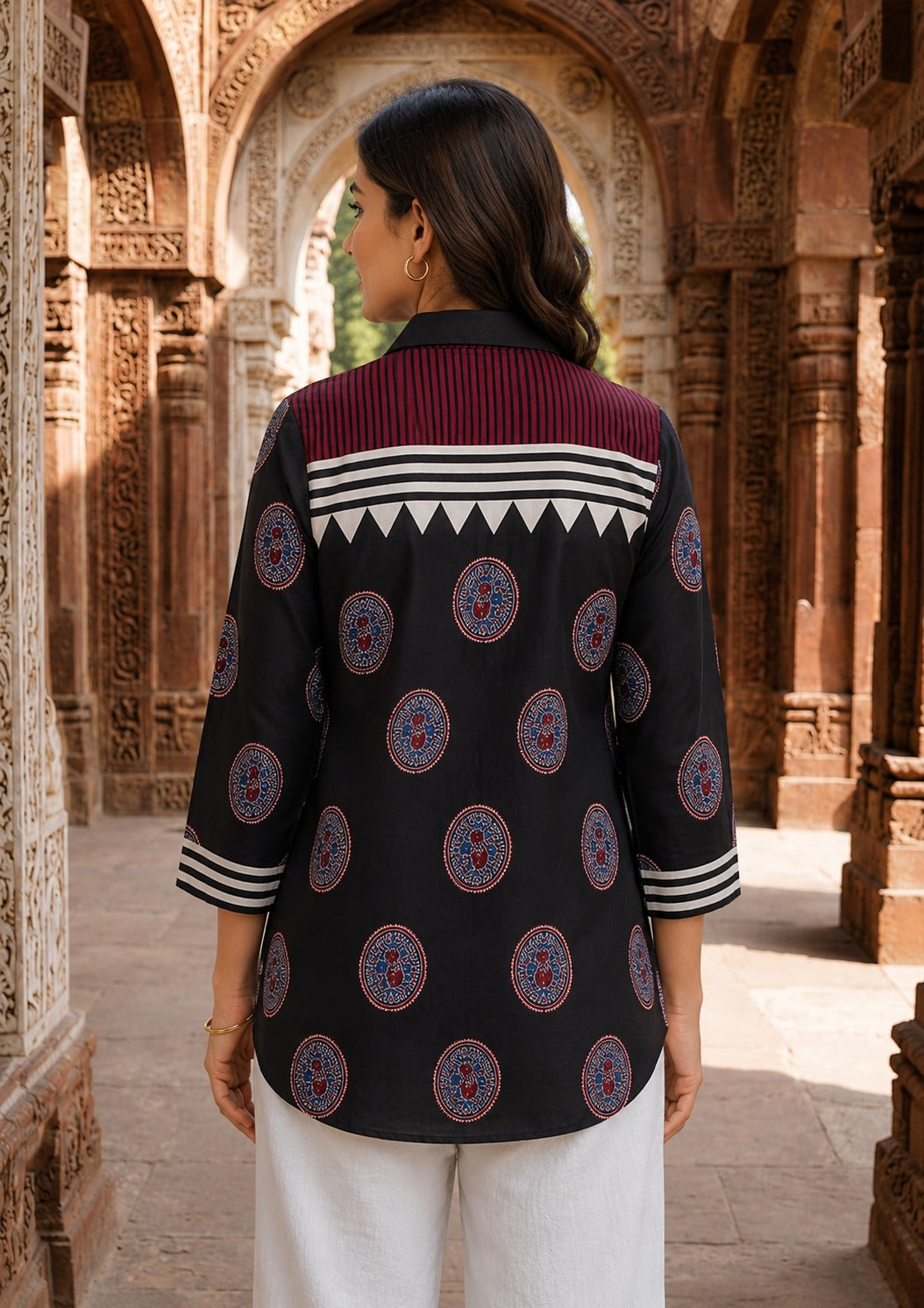 Women's Black Crepe Tunic with Geometric Print & Medallion Design - Nakh Clothing