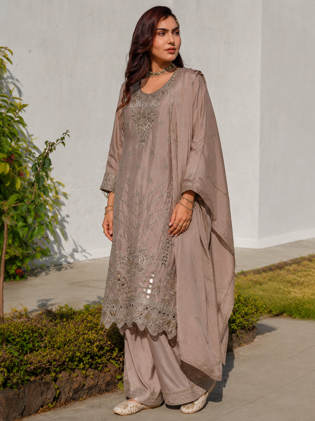 Luxury Taupe Pure Chinon Partywear Suit Set with Mirror Work - Nakh Clothing