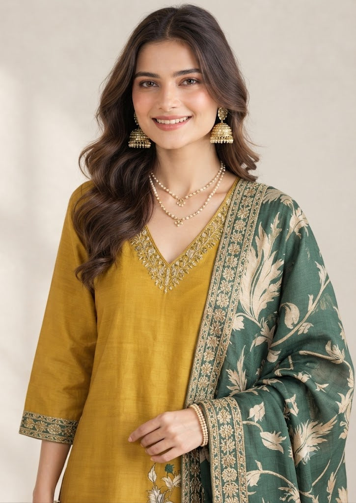 Mustard Pure Muslin 3-Piece Kurta Set with Handwork Yoke & Printed Dupatta