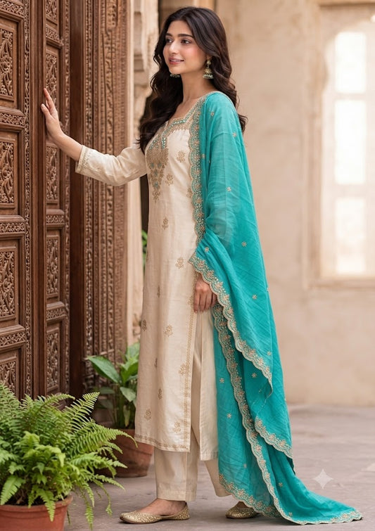 Rama Glass Roman 3-Piece Partywear Set with Zari & Mirror Work Kurta