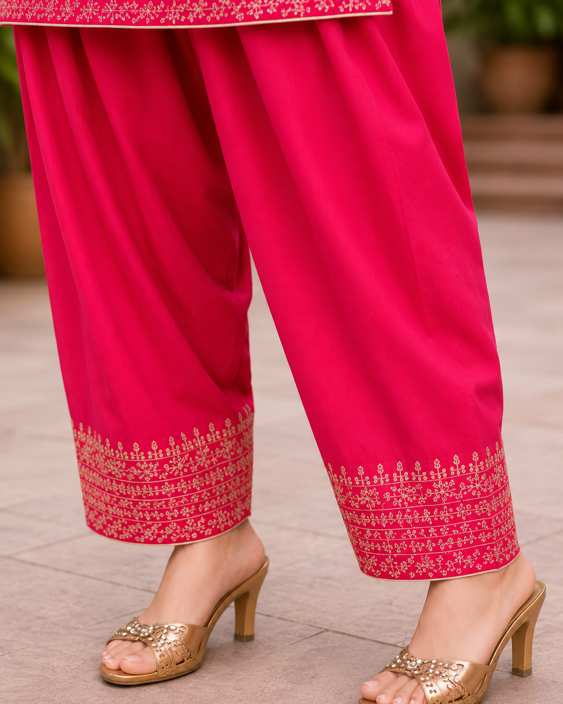Rani Pink Embroidered Kurti with Farsi Salwar – Premium Rayon Kurti & Farsi salwar Set