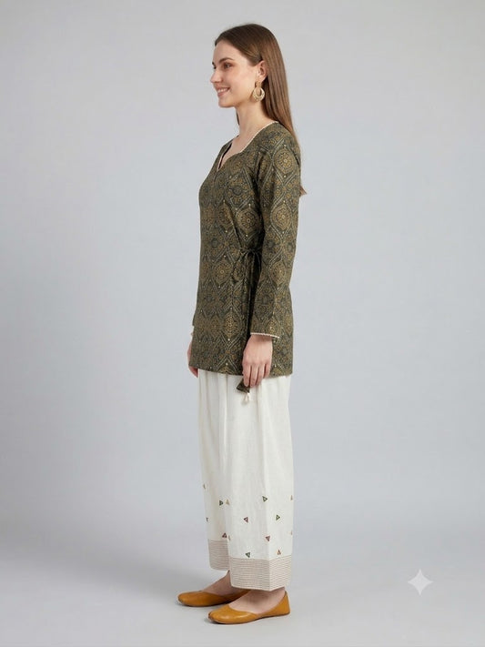 "Dark Green Printed Kurta Farsi Salwar Set for Women"