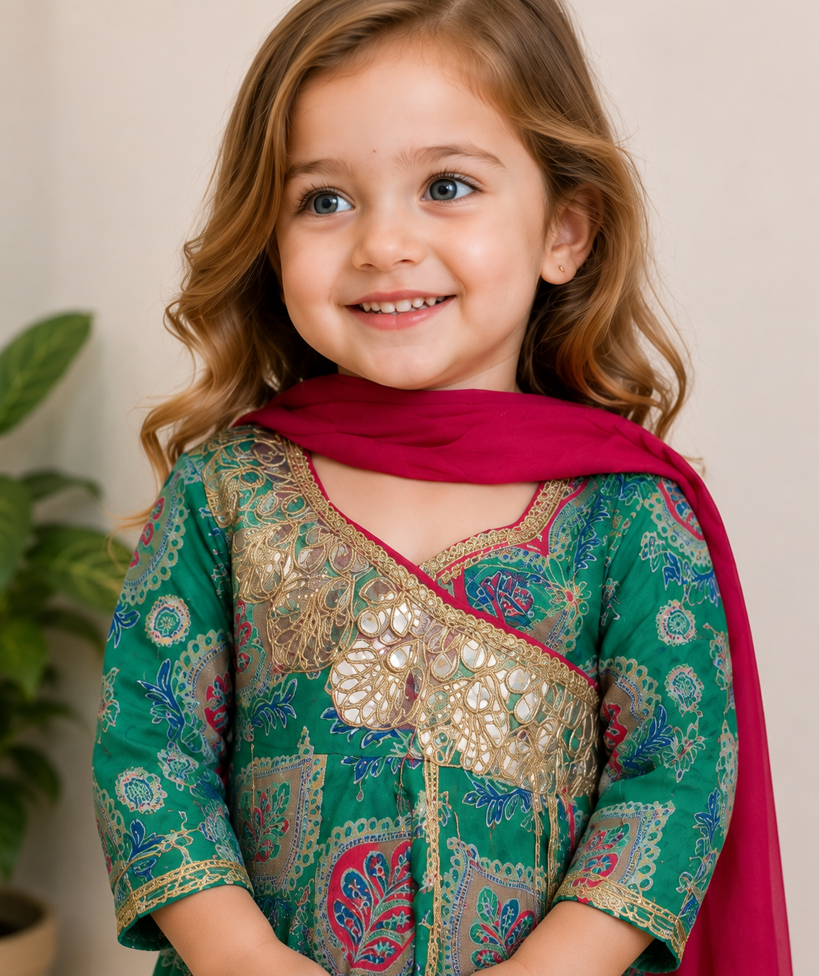 Green Printed Pure Cotton Kurti with Pink Dhoti Pants & Dupatta – Girls Ethnic Wear