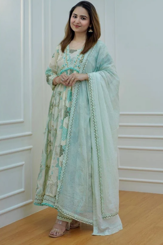 Premium Womenβs Pure Cotton Anarkali Kurta & Dupatta Set β Light & Breathable Festive Wear - Nakh Clothing