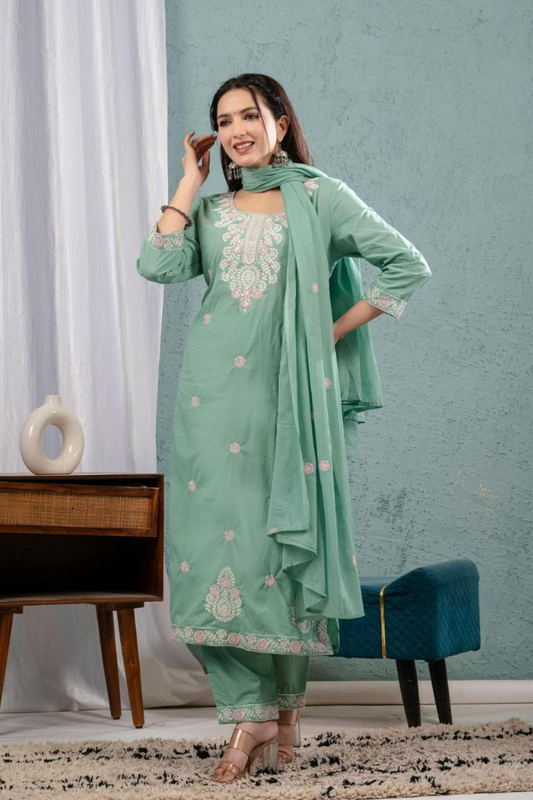 Pastel Green Embroidered Cotton Kurta Set with Churidar Pant & Dupatta – Elegant Ethnic Wear for Women - Nakh Clothing