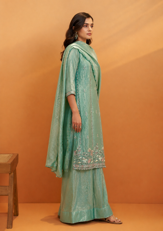 Sea Green Tissue Crush Divider Suit with Short Kurta | Heavy Beads work