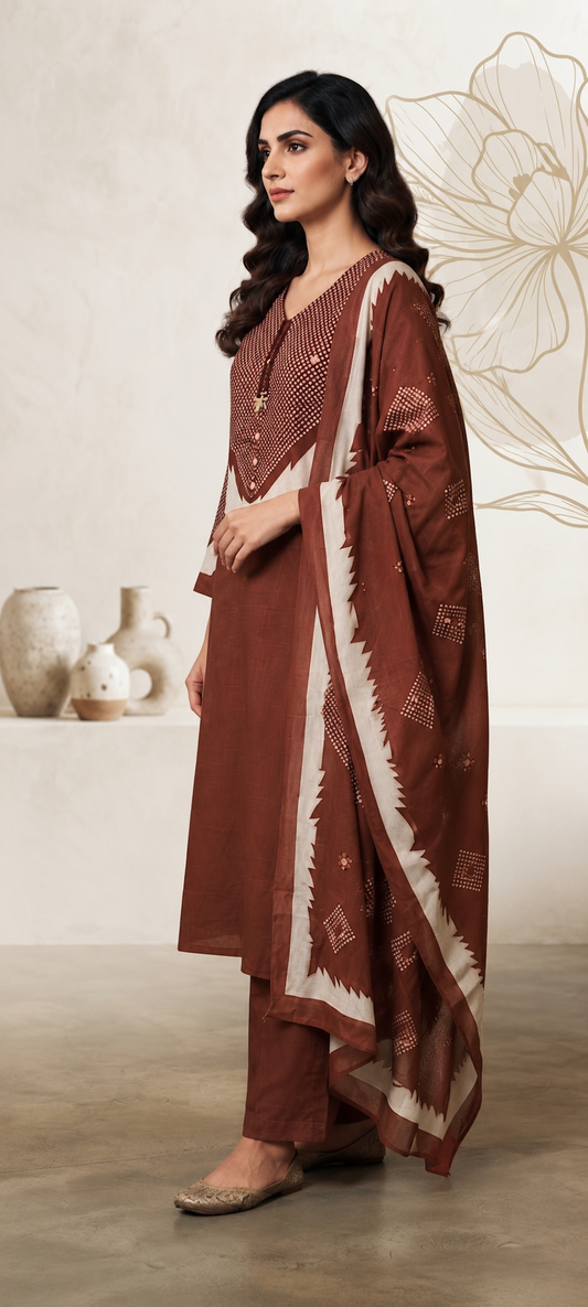 Brown Printed Cotton Suit Set with Dupatta | 3-Piece Kurta Pant Set for Women