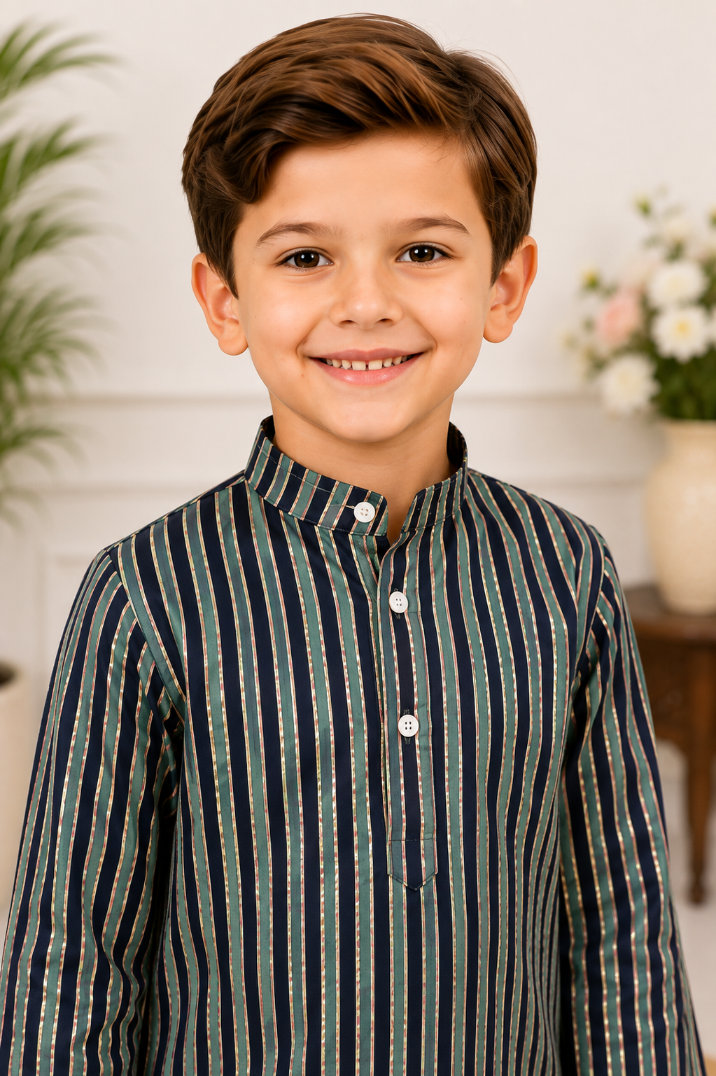 Boys Navy Striped Kurta with White Pyjama – Ethnic Wear Set"