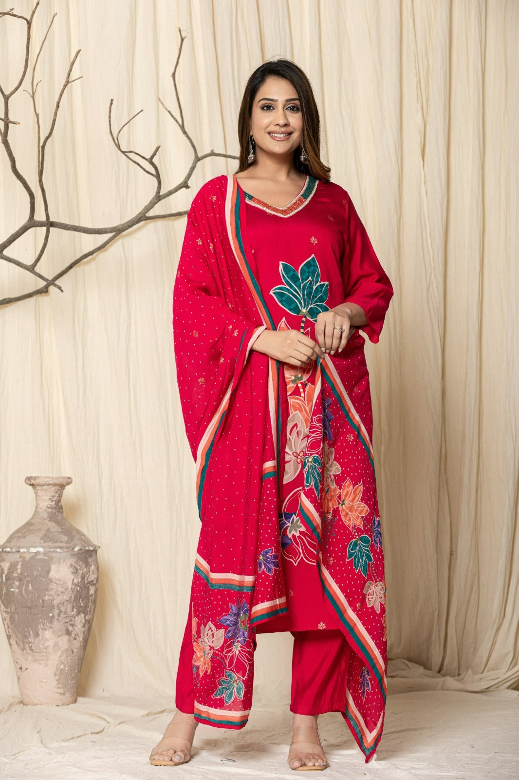 Elegant Digital Print Muslin Modal Suit Set with Intricate Handwork - Nakh Clothing