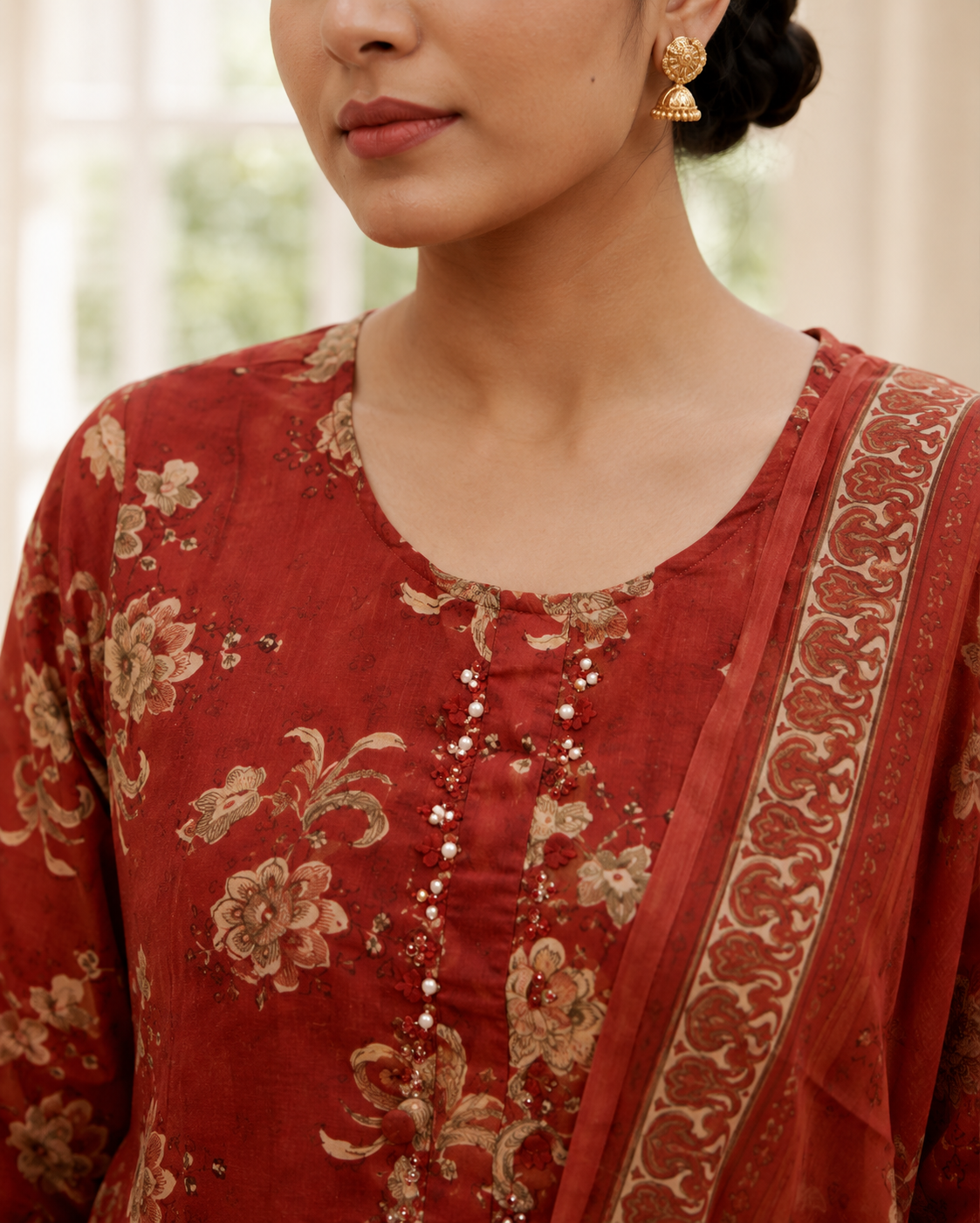 Rust Floral Printed Cotton Kurta Set with Pants & Dupatta – Women's Ethnic Wear