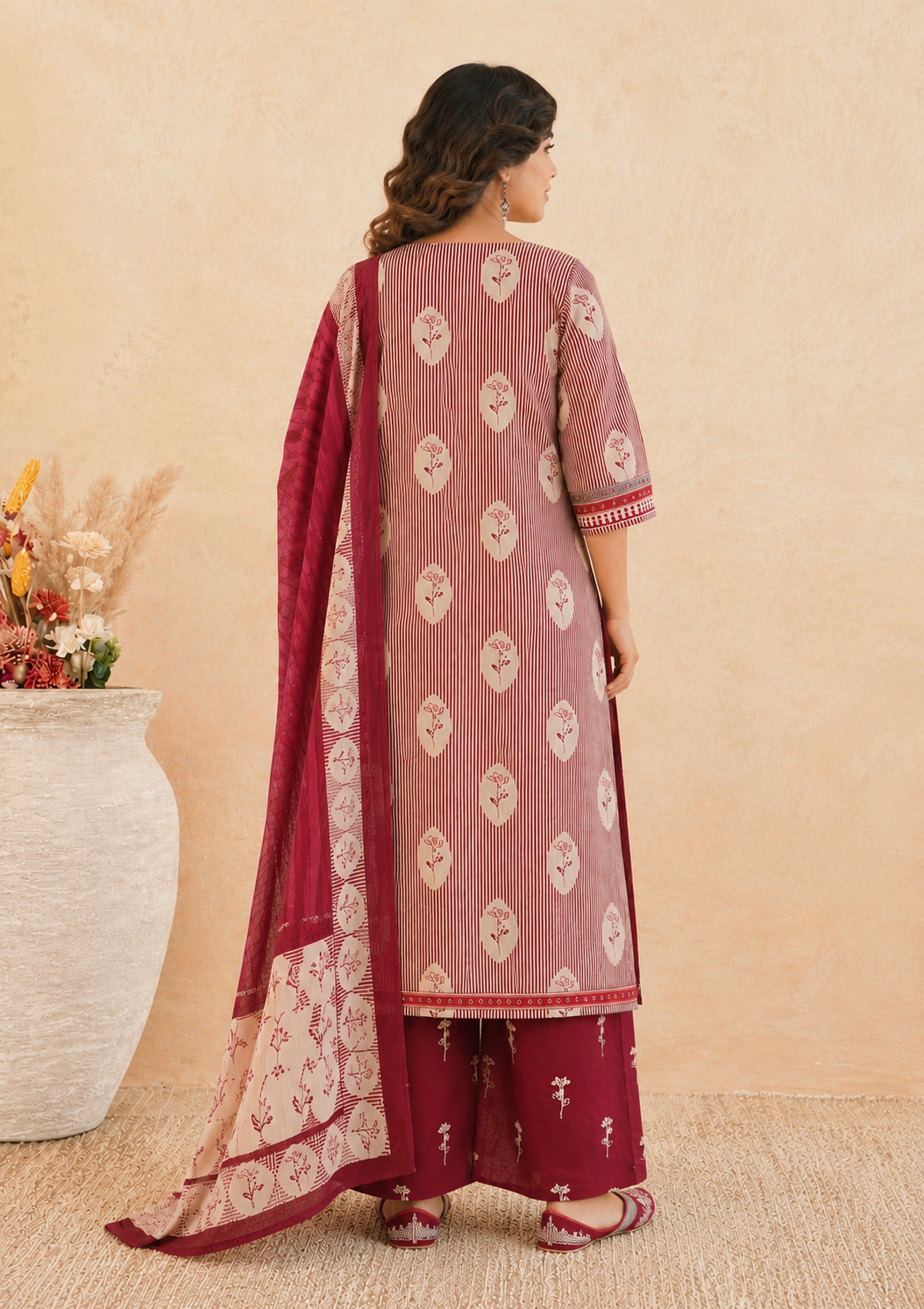 Maroon Cotton Printed Kurta Pant Dupatta Set with Embroidered Yoke