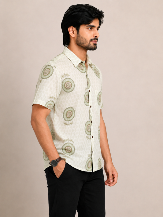 Ecru Floral Print Cotton Shirt for Men – Short Sleeve - Nakh Clothing