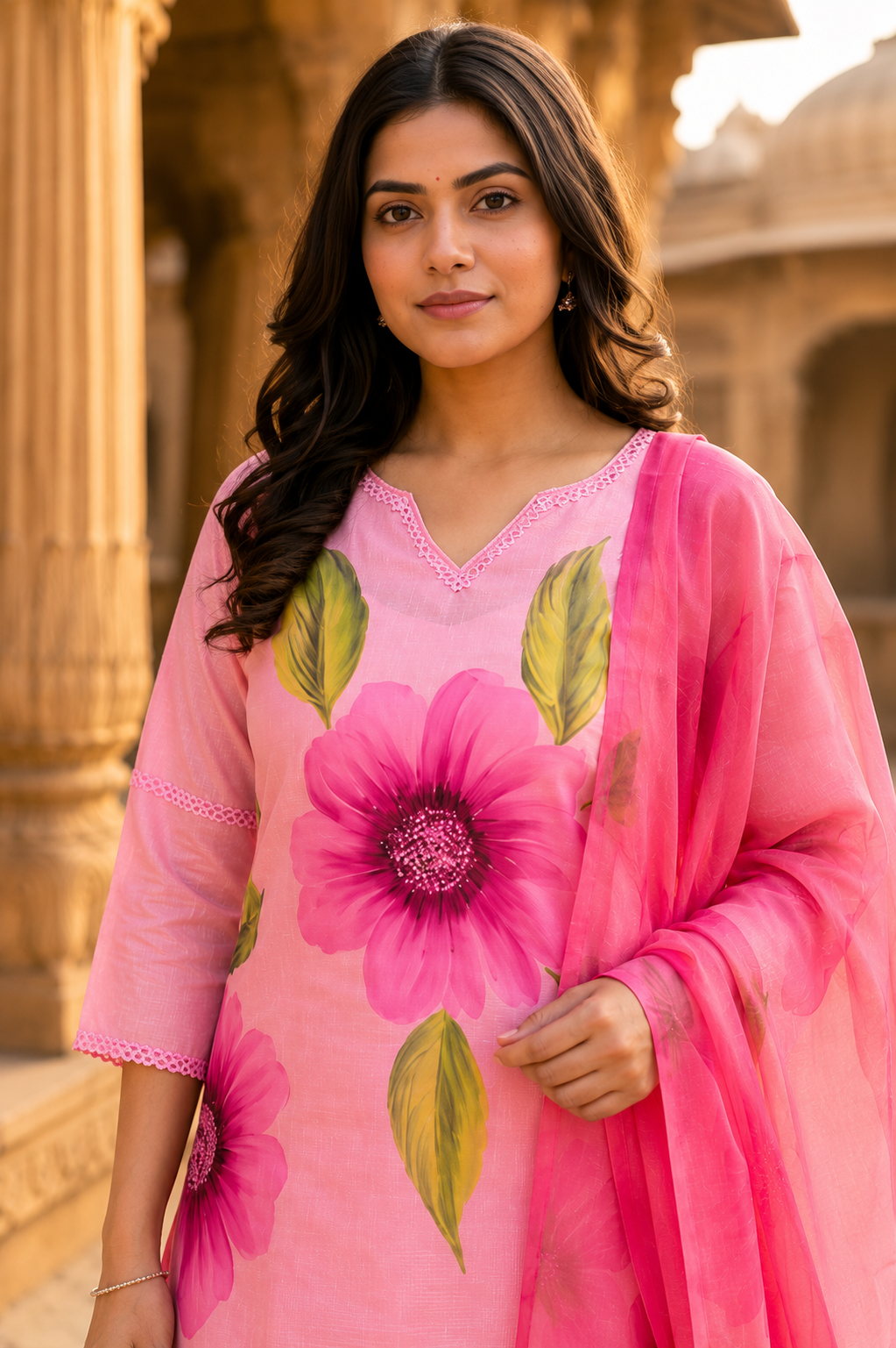 Pink Floral Kota Doriya Suit Set with Dupatta for Women. - Nakh Clothing
