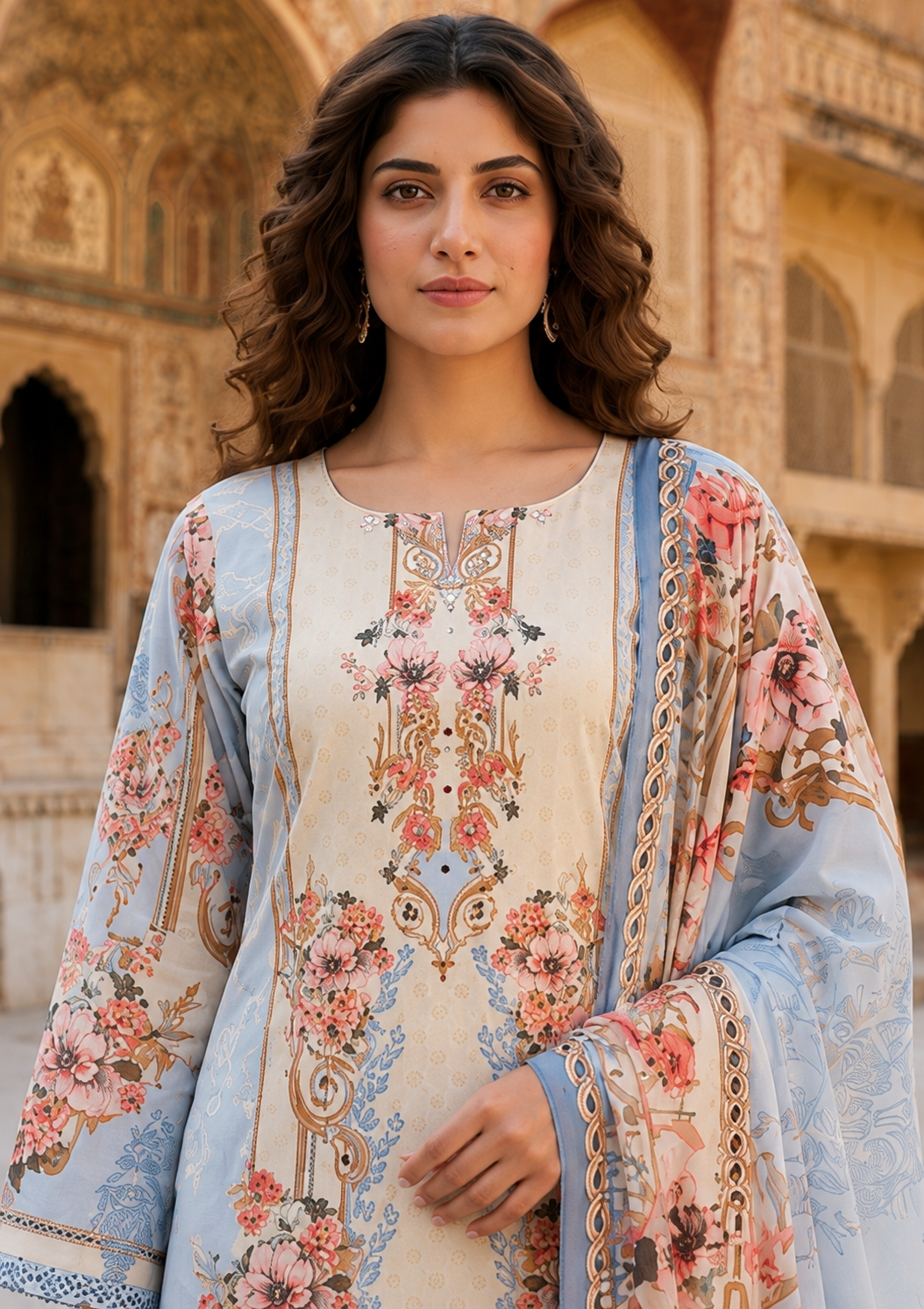 Powder Blue Floral Printed Mul Cotton Suit Set with Dupatta for Women | Mirror Work Ethnic Wear