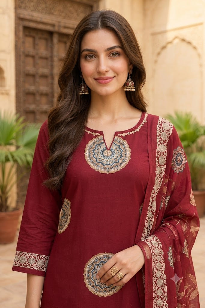 Embroidered Cotton Straight Kurta Set with Medallion Print & Dupatta
