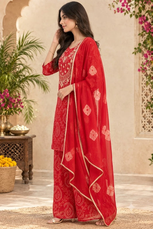 Red Bandhani Print Georgette 3-Piece Kurta Set | Festive Wear for Women