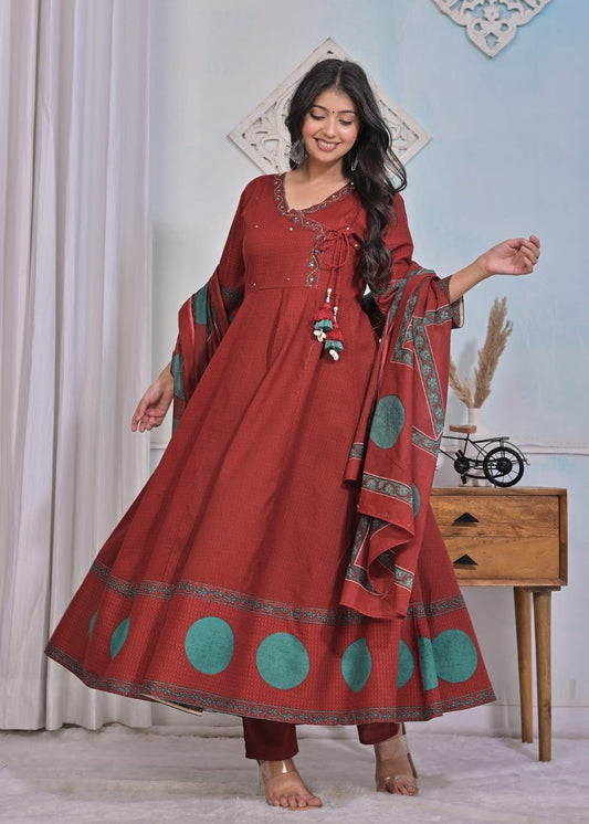 Women's Premium Cotton Angrakha Flared Suit Set – Festive & Casual Wear.