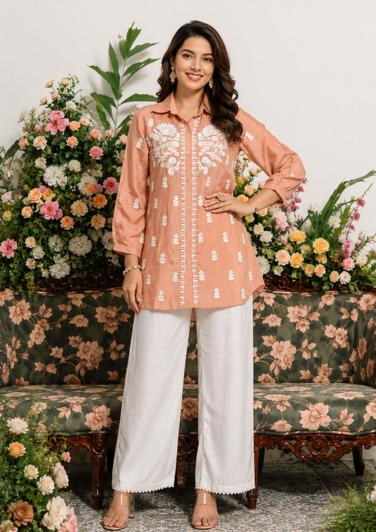 Peach Chikankari Embroidered Shirt Tunic – Pure Muslin