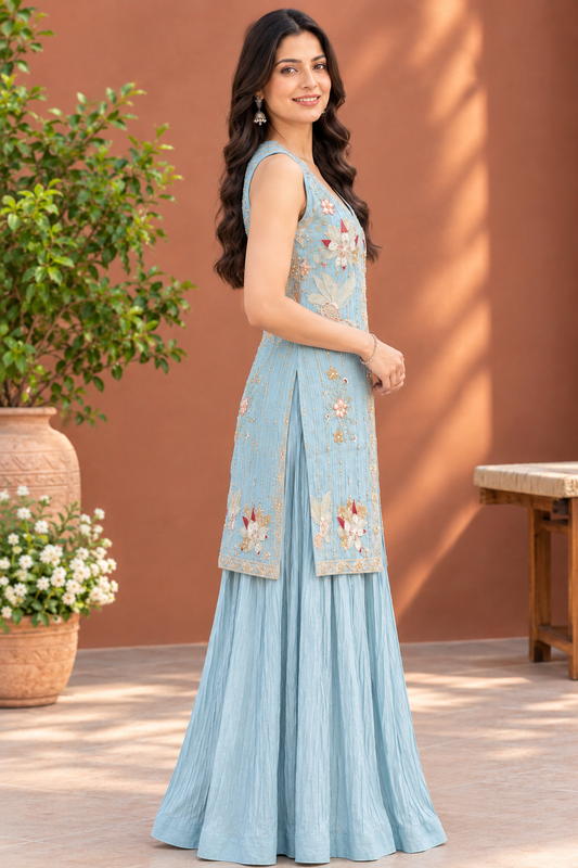 Powder Blue Embroidered Crepe Skirt & Jacket-Style Top Set