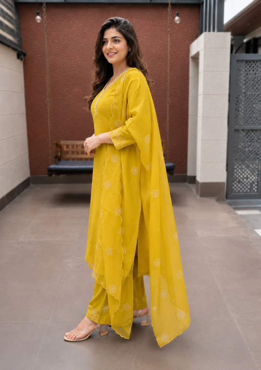 Mustard Yellow Mul Chanderi 3 Piece Suit Set – Embroidered Yoke Kurta with Pants and Dupatta, Cotton Lining