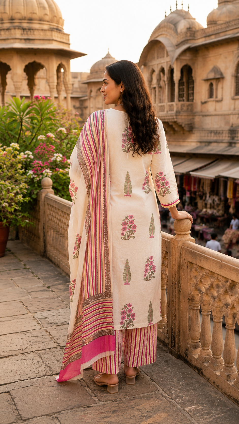 Women's Off-White Floral Block Print Cotton Kurta Pant Dupatta Set | 3-Piece Ethnic Suit