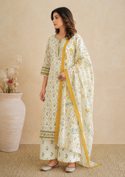 Premium Cotton Embroidered Kurta Palazzo Set with Dupatta.