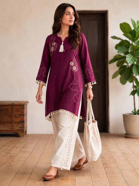 Premium Wine Embroidered Co-Ord Set for Women with Lace Palazzo