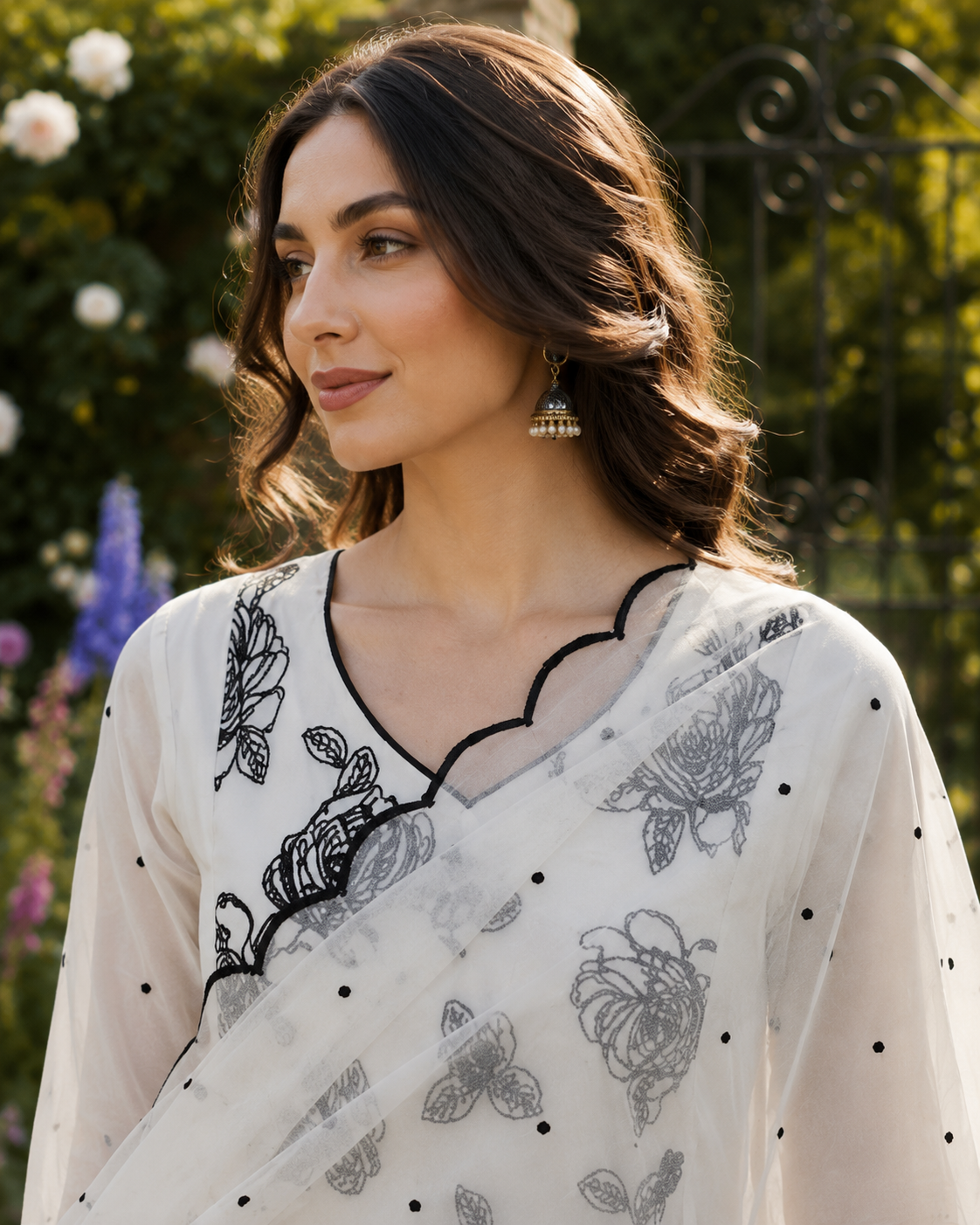 "White Embroidered Mul Chanderi 3 Piece Suit Set for Women – A-Line Kurta, Dupatta & Pants"