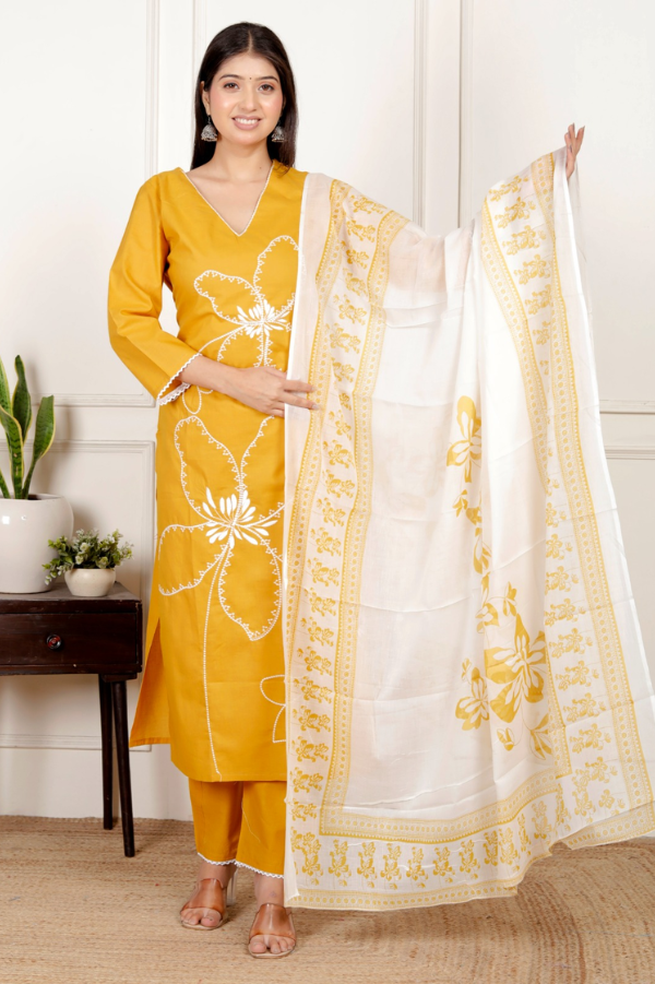 Mustard Yellow Cotton Embroidered Kurta Set with Handblock Dupatta & Matching Pant – Festive Ethnic Wear for Women - Nakh Clothing