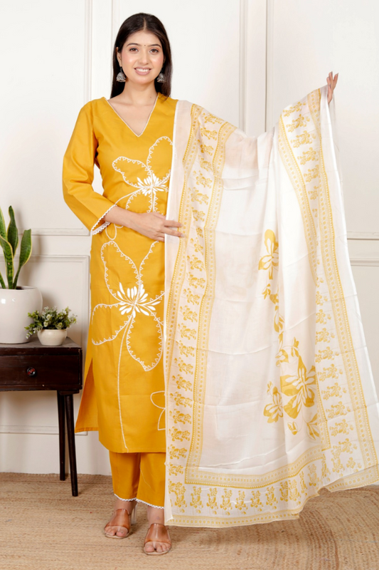 Mustard Yellow Cotton Embroidered Kurta Set with Handblock Dupatta & Matching Pant – Festive Ethnic Wear for Women - Nakh Clothing