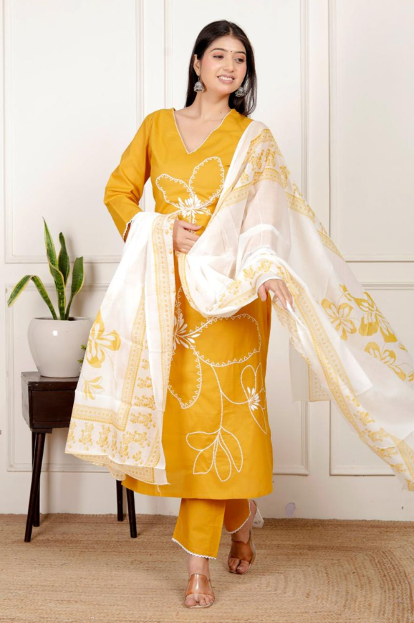 Mustard Yellow Cotton Embroidered Kurta Set with Handblock Dupatta & Matching Pant – Festive Ethnic Wear for Women - Nakh Clothing