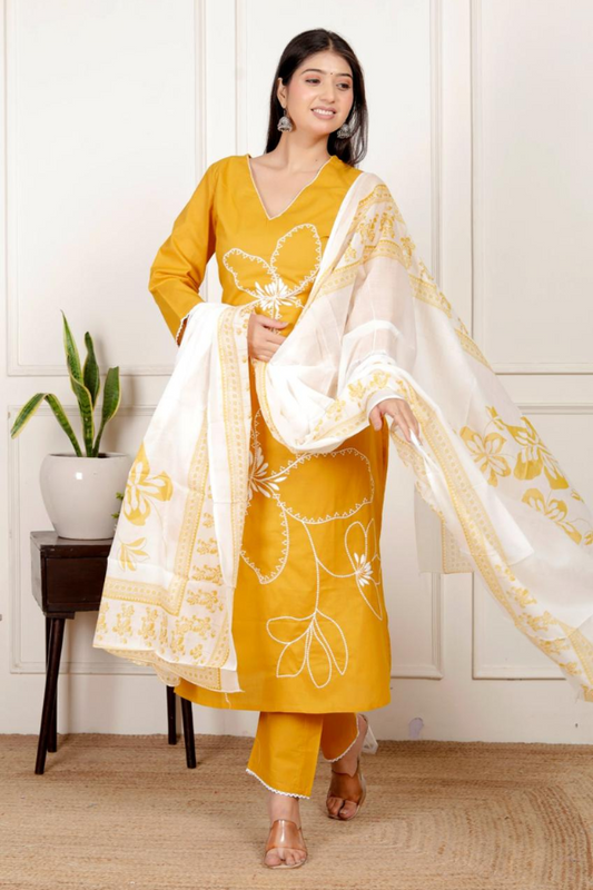 Mustard Yellow Cotton Embroidered Kurta Set with Handblock Dupatta & Matching Pant – Festive Ethnic Wear for Women - Nakh Clothing