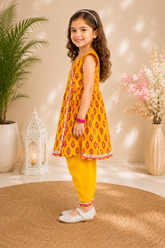 Girls Yellow Motif Print Cotton Angrakha Kurta with Dhoti Pants - Nakh Clothing