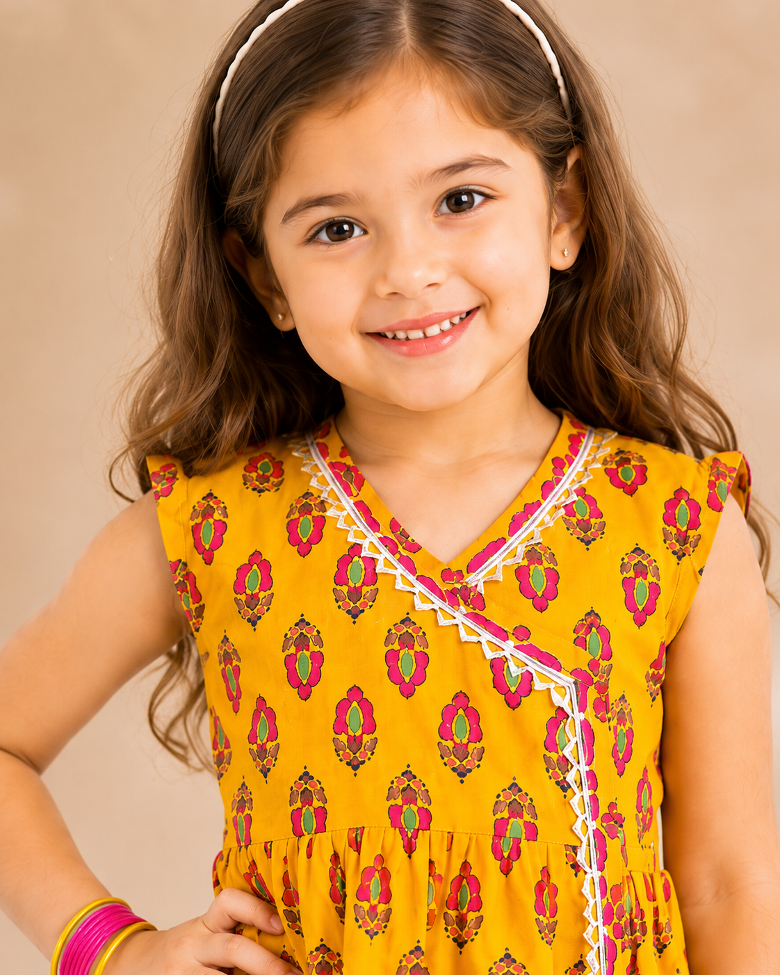 Girls Yellow Motif Print Cotton Angrakha Kurta with Dhoti Pants - Nakh Clothing