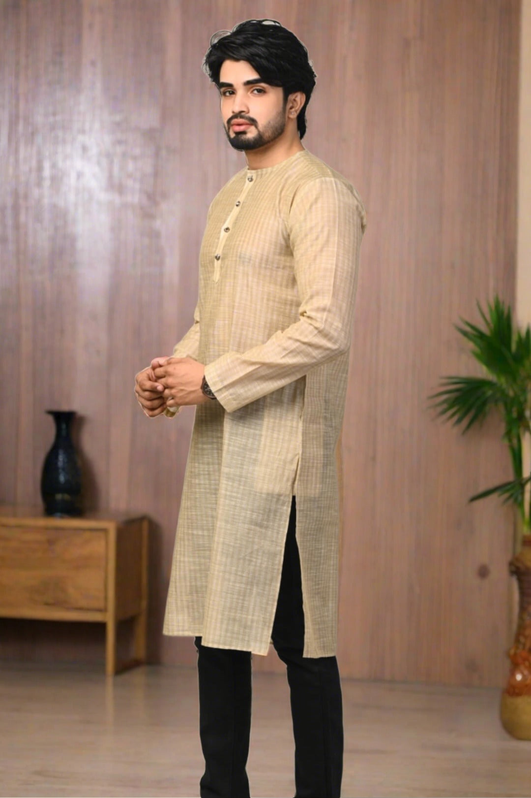 Men Textured Straight Golden Kurta - Nakh Clothing