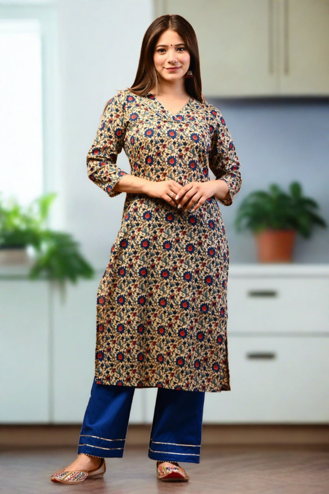 BLUE FLORAL HANDBLOCK PRINT COTTON SUIT SET (SET OF 2) - Nakh Clothing