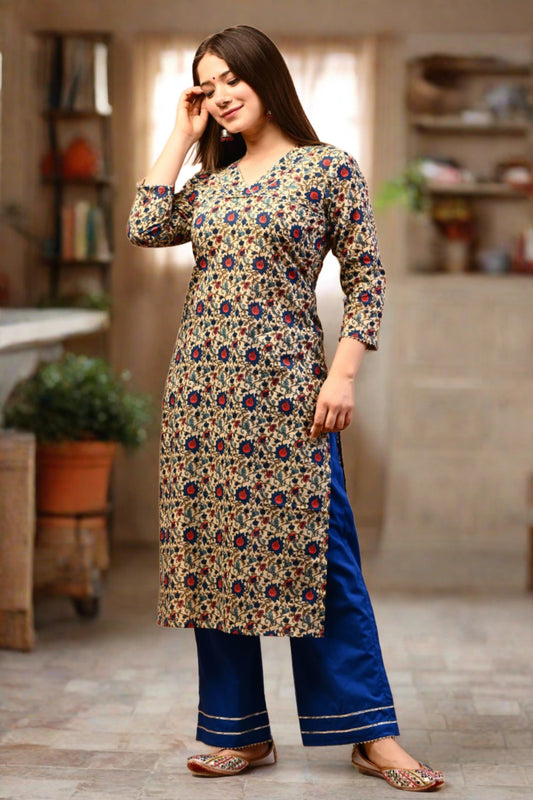 BLUE FLORAL HANDBLOCK PRINT COTTON SUIT SET  (SET OF 2) - Nakh Clothing