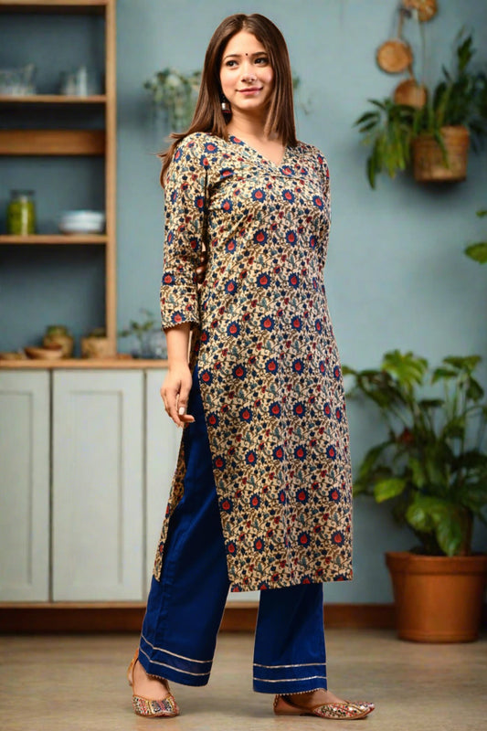 BLUE FLORAL HANDBLOCK PRINT COTTON SUIT SET  (SET OF 2) - Nakh Clothing