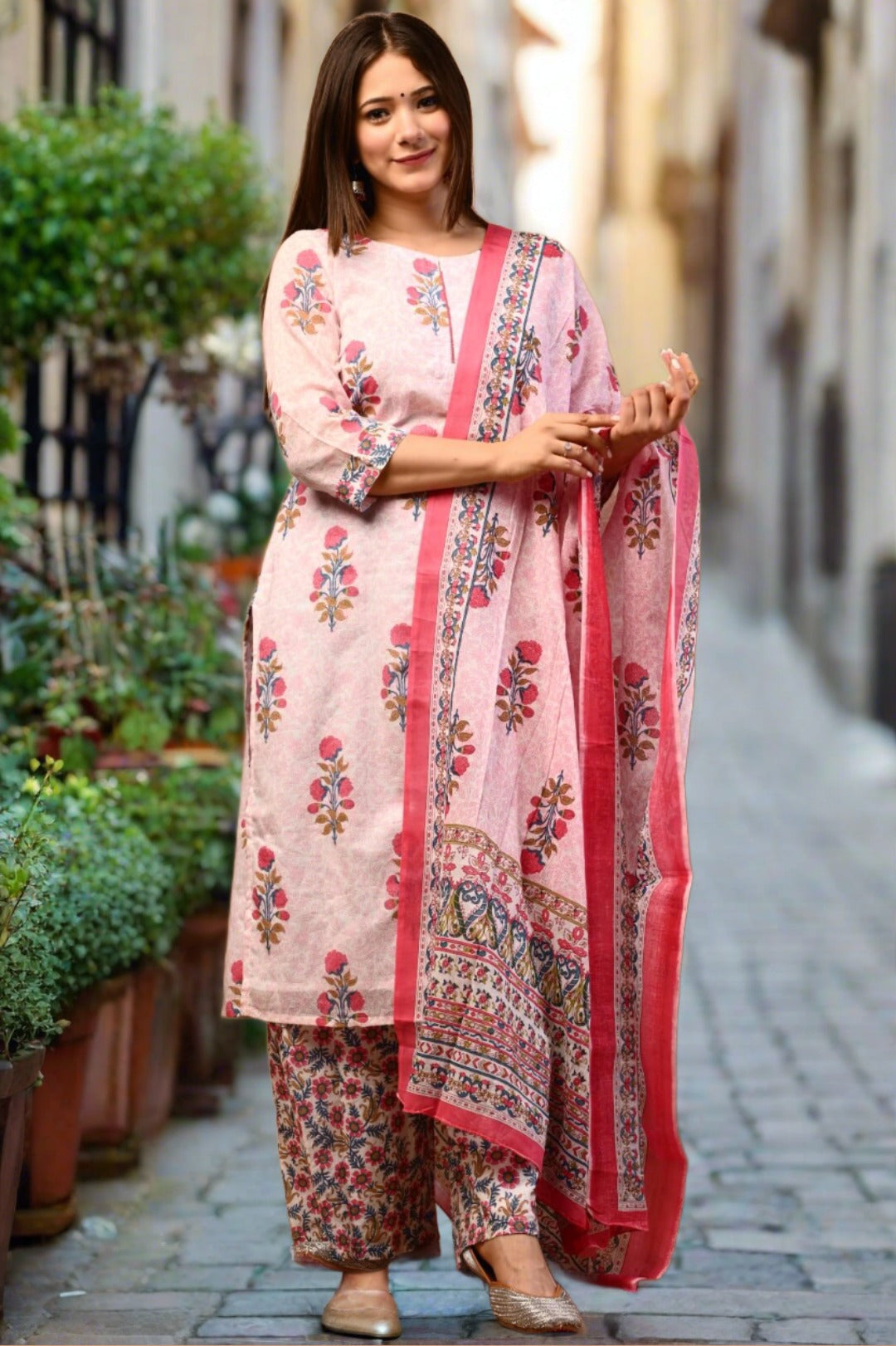 Gorgeous White Pink Printed Cotton Suit Set - Nakh Clothing