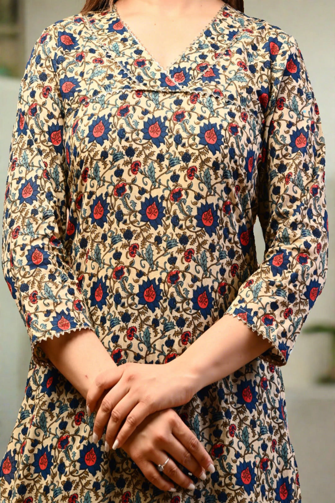 BLUE FLORAL HANDBLOCK PRINT COTTON SUIT SET  (SET OF 2) - Nakh Clothing